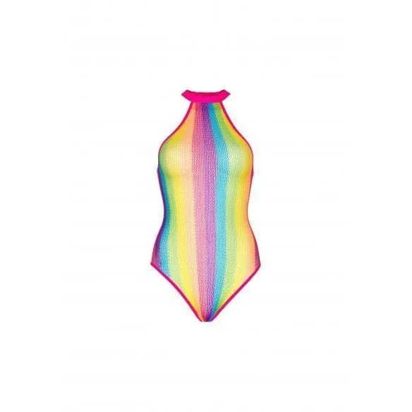 Leg Avenue Multicolor Rainbow Striped Halter Bodysuit with Snap Crotch