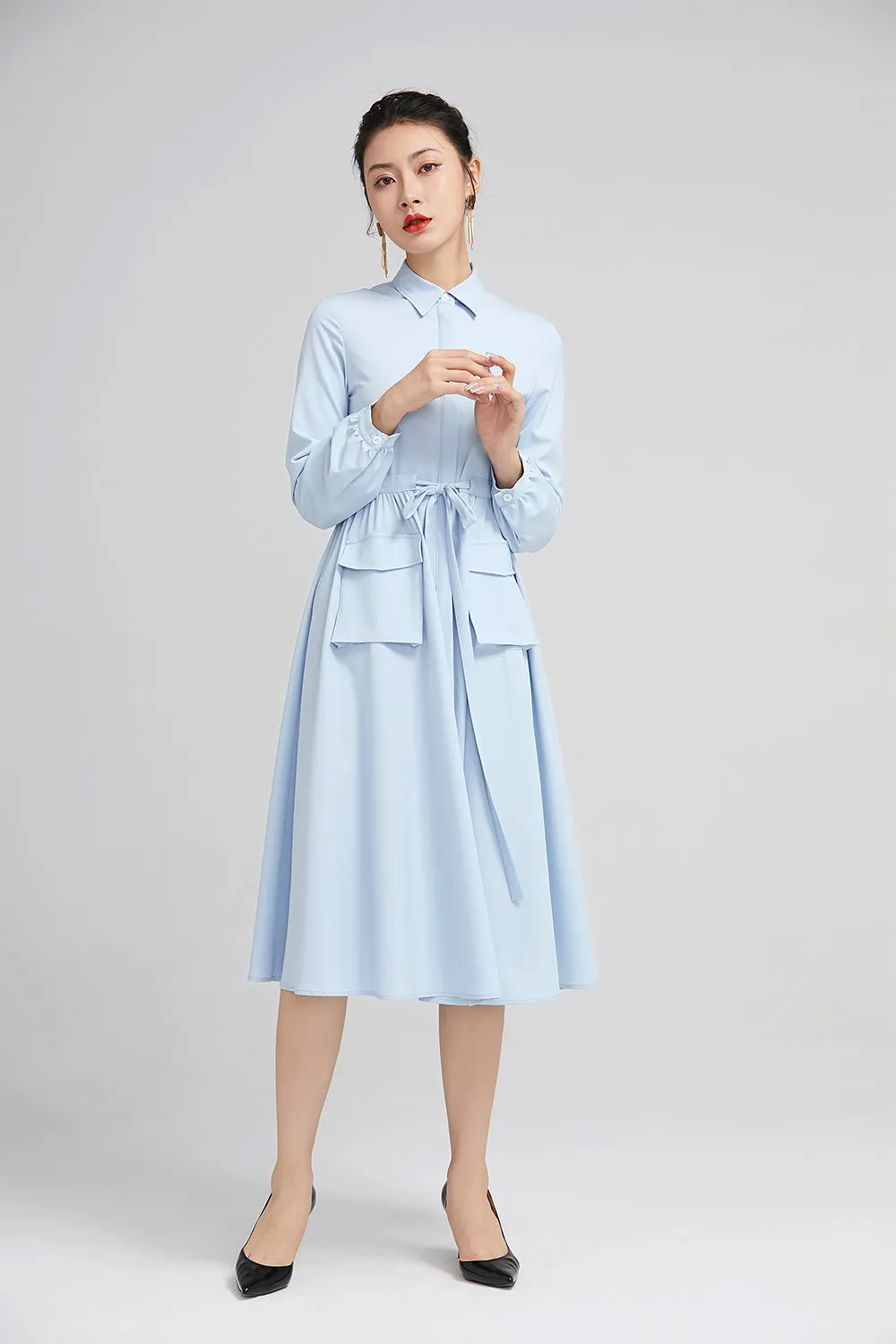 light blue spring dress for women with long sleeves and pockets 2229