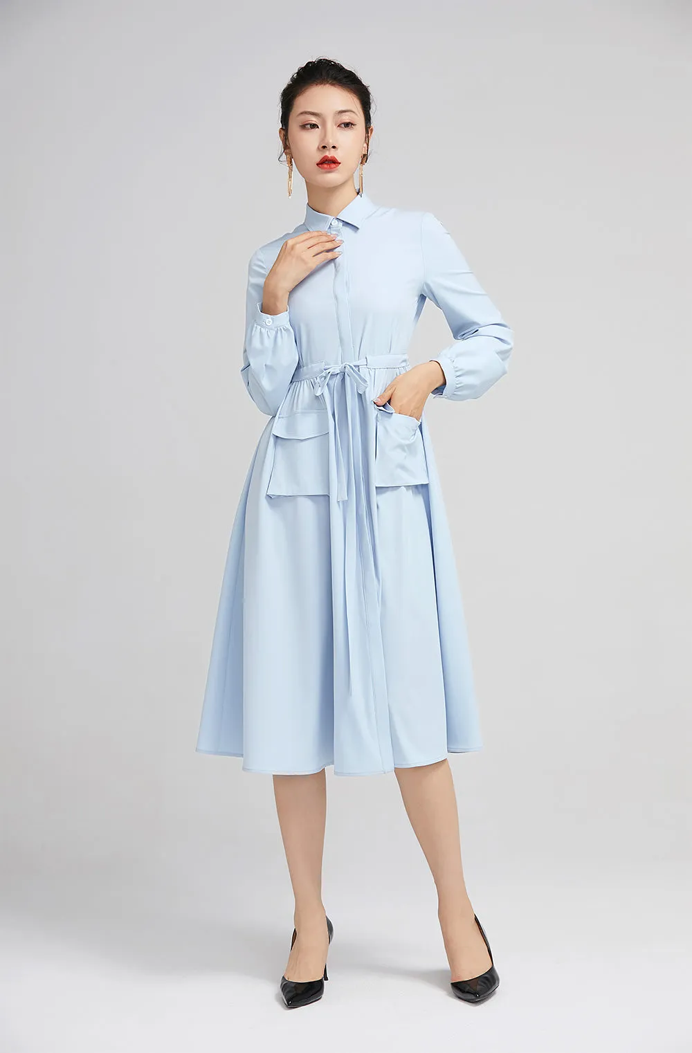 light blue spring dress for women with long sleeves and pockets 2229