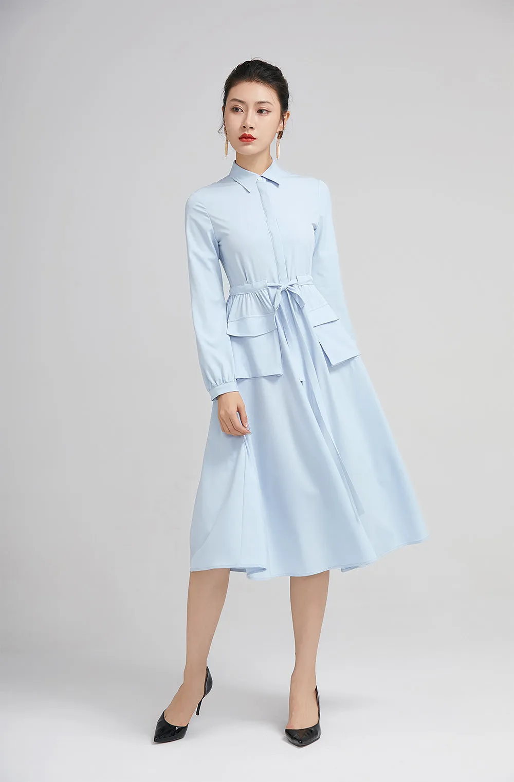 light blue spring dress for women with long sleeves and pockets 2229