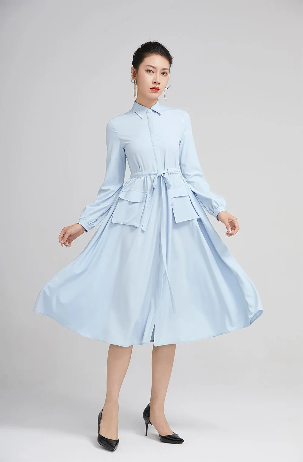 light blue spring dress for women with long sleeves and pockets 2229