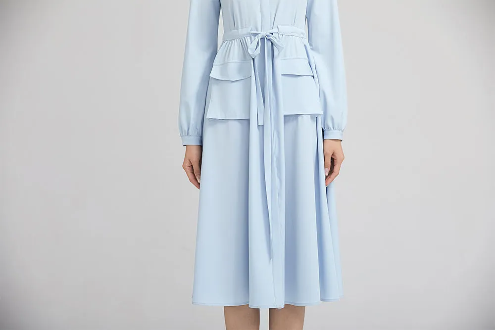 light blue spring dress for women with long sleeves and pockets 2229