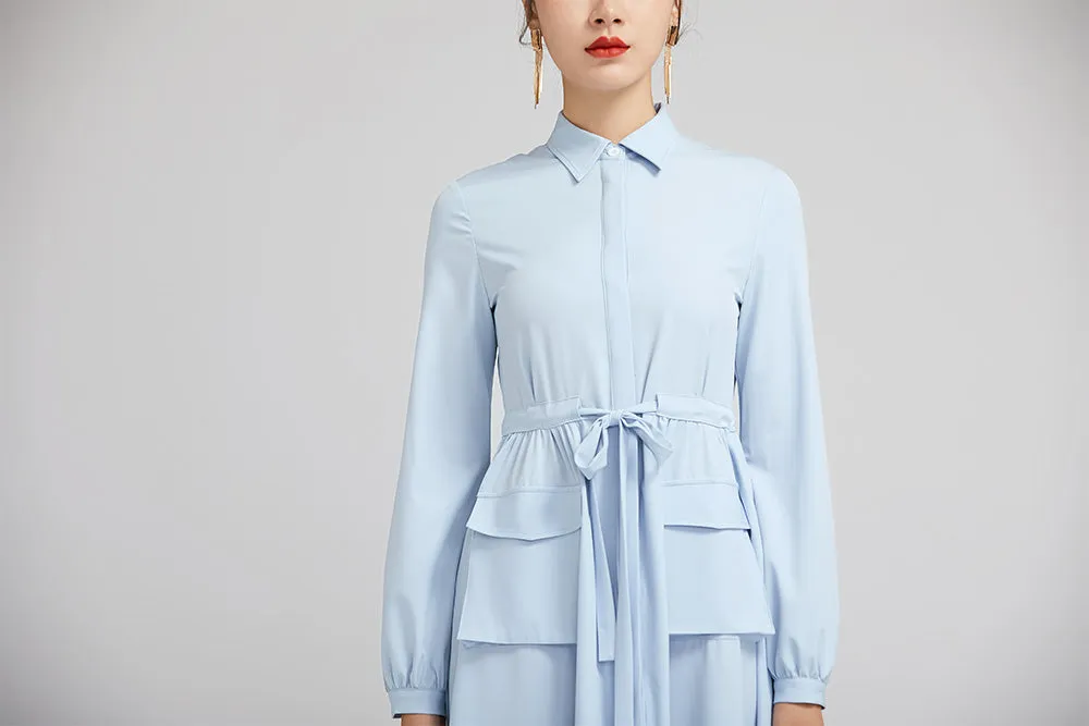 light blue spring dress for women with long sleeves and pockets 2229