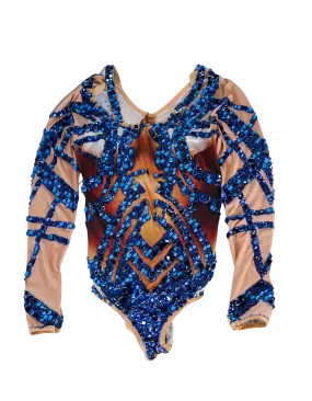 Long Sleeve Contour Bodysuit with Royal Blue Crystal Embellishments - Back Zipper Design