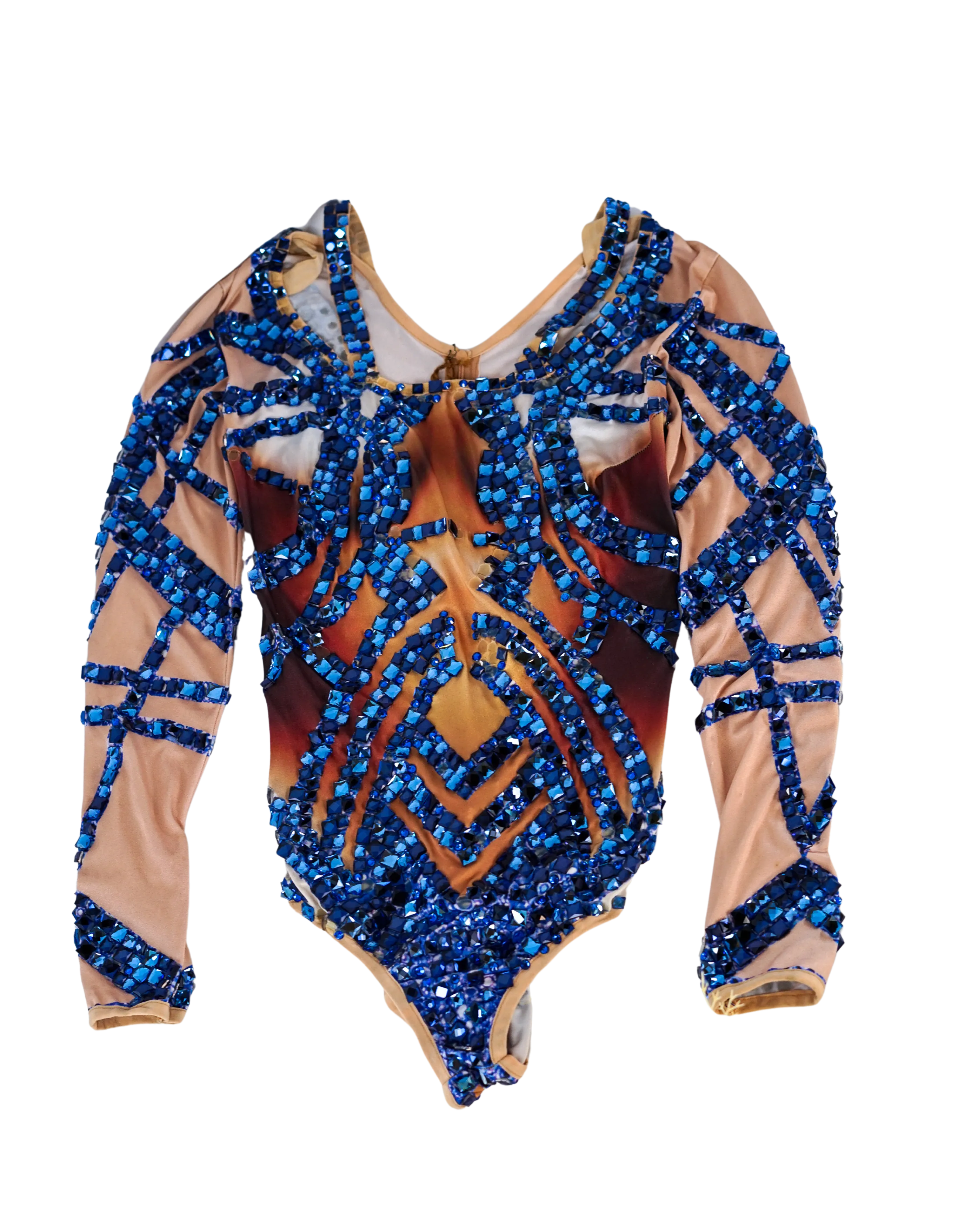 Long Sleeve Contour Bodysuit with Royal Blue Crystal Embellishments - Back Zipper Design