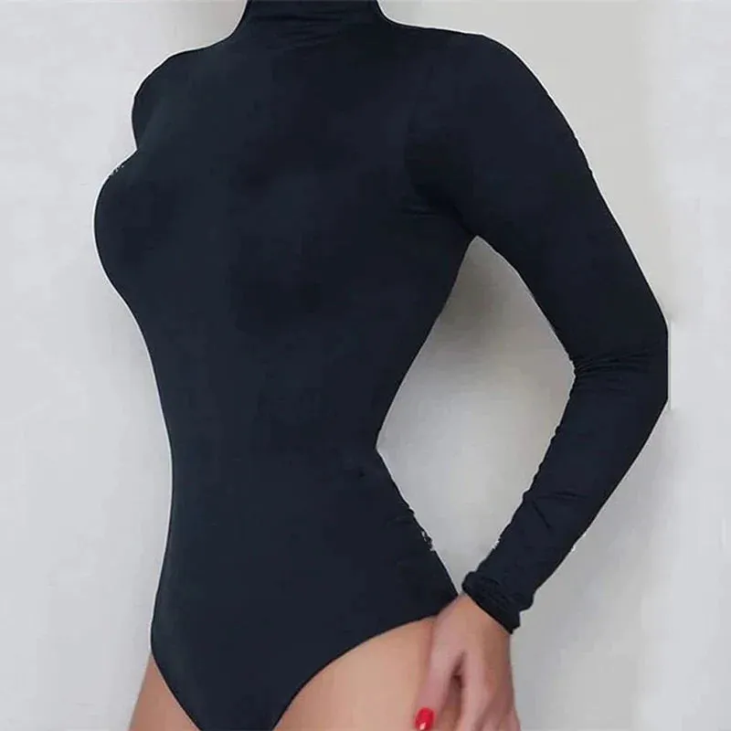 Long Sleeve  Elegant Slim Bodycon Black Bodysuit