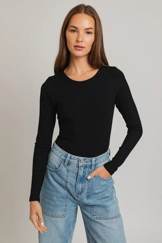 Long Sleeve Round Neck Ribbed Bodysuit - online exclusive