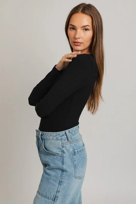 Long Sleeve Round Neck Ribbed Bodysuit - online exclusive