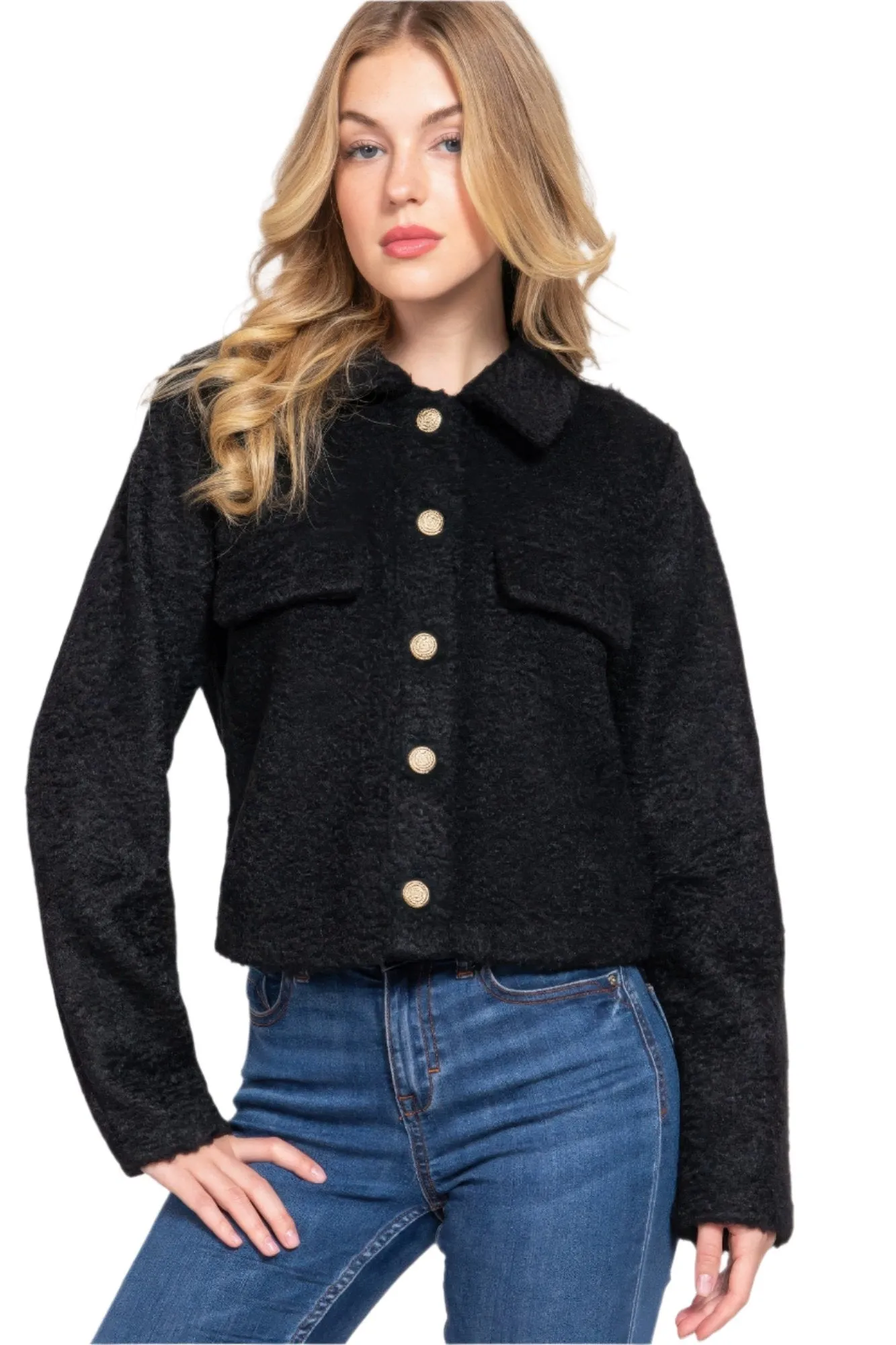 Long Slv Teddy Fleece Short Jacket