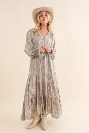 Lynn Floral Print Bohemian Tiered Maxi Dress - Sage