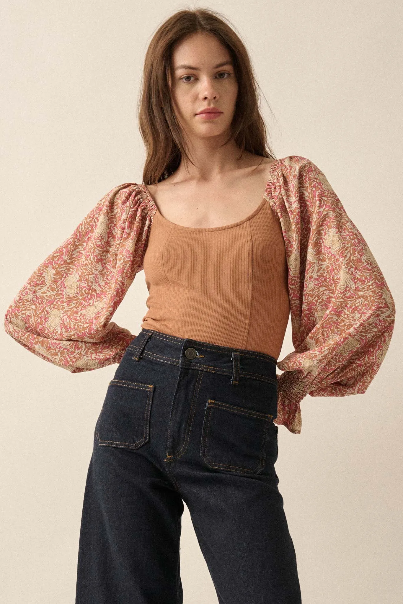 Magic Garden Floral-Sleeve Ribbed Knit Bodysuit