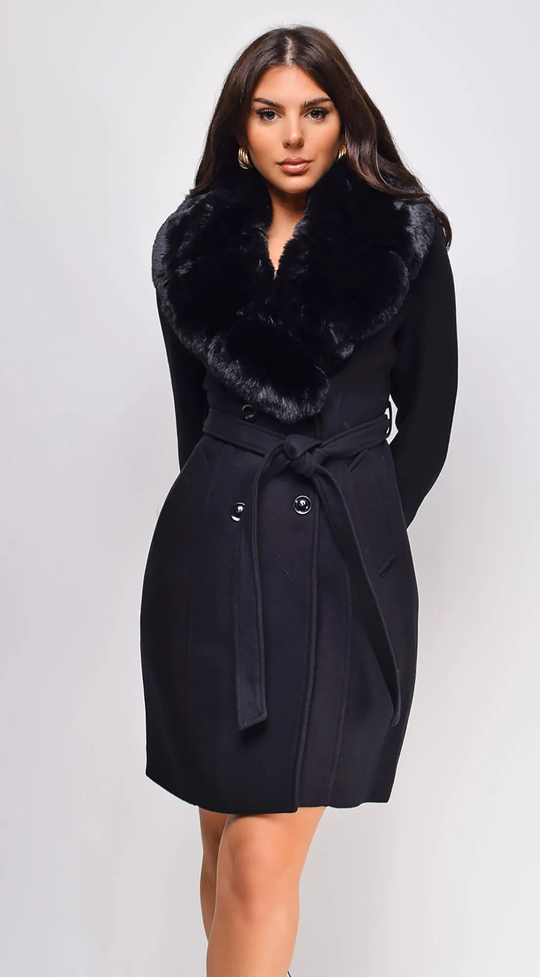 Maisie Belted Faux Fur Coat - Black