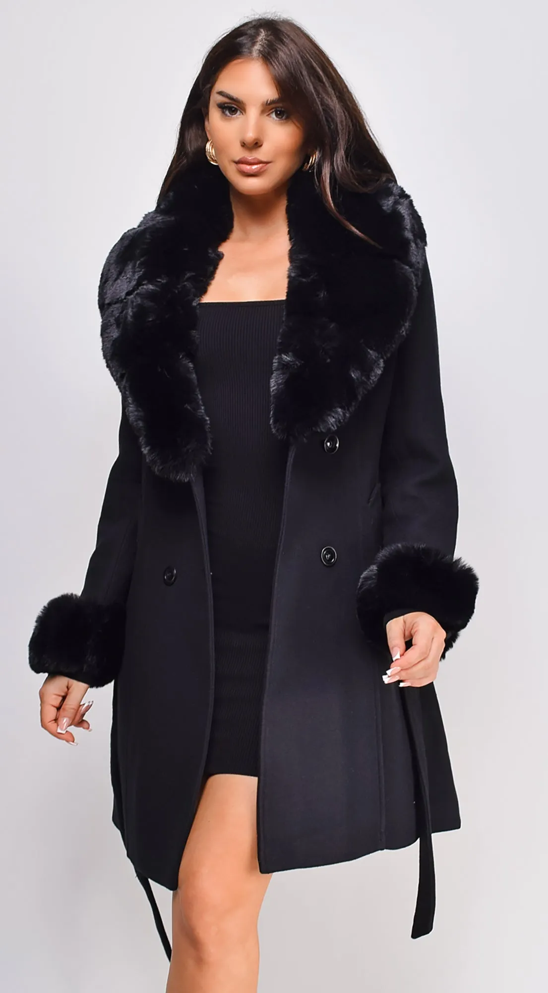 Maisie Belted Faux Fur Coat - Black