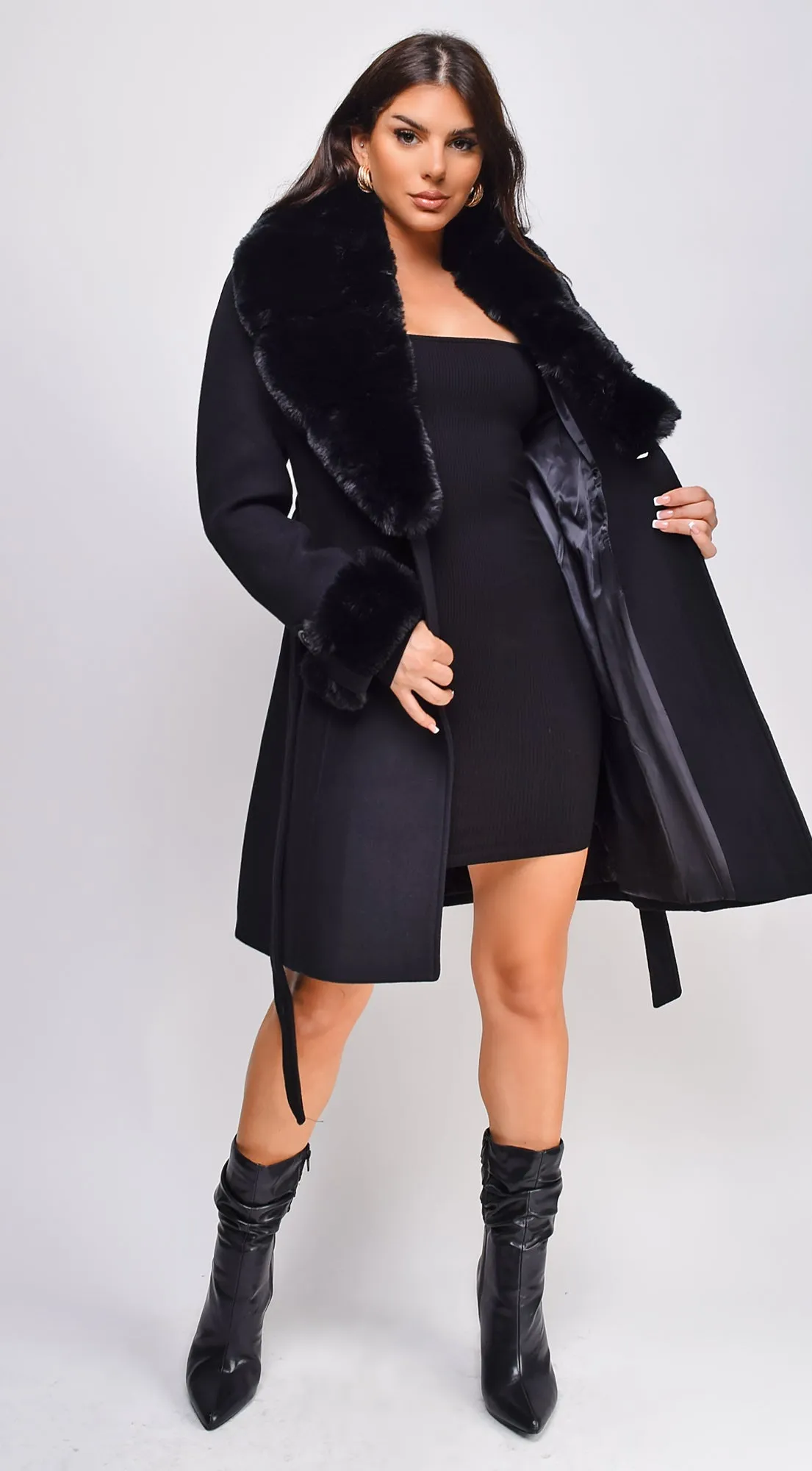 Maisie Belted Faux Fur Coat - Black