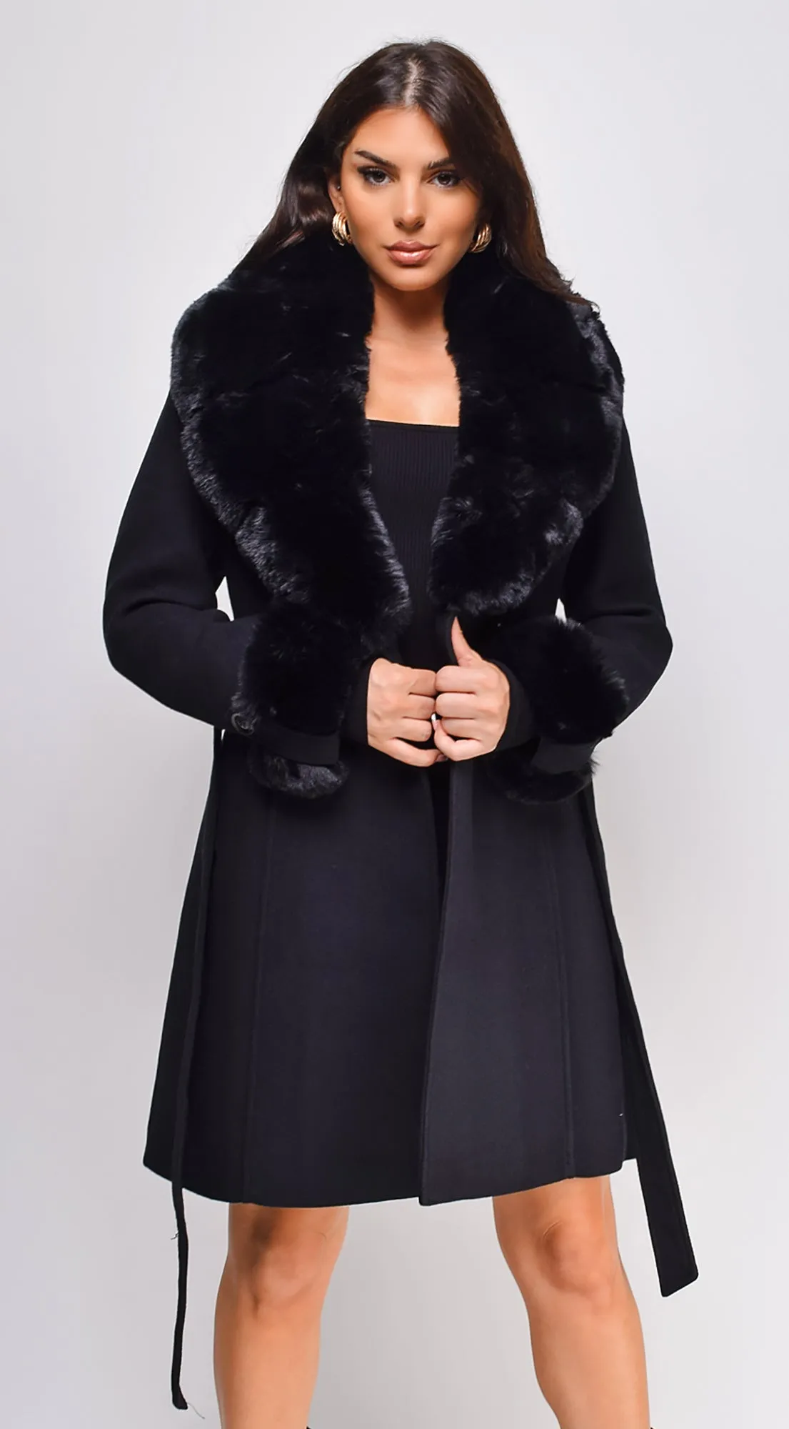 Maisie Belted Faux Fur Coat - Black