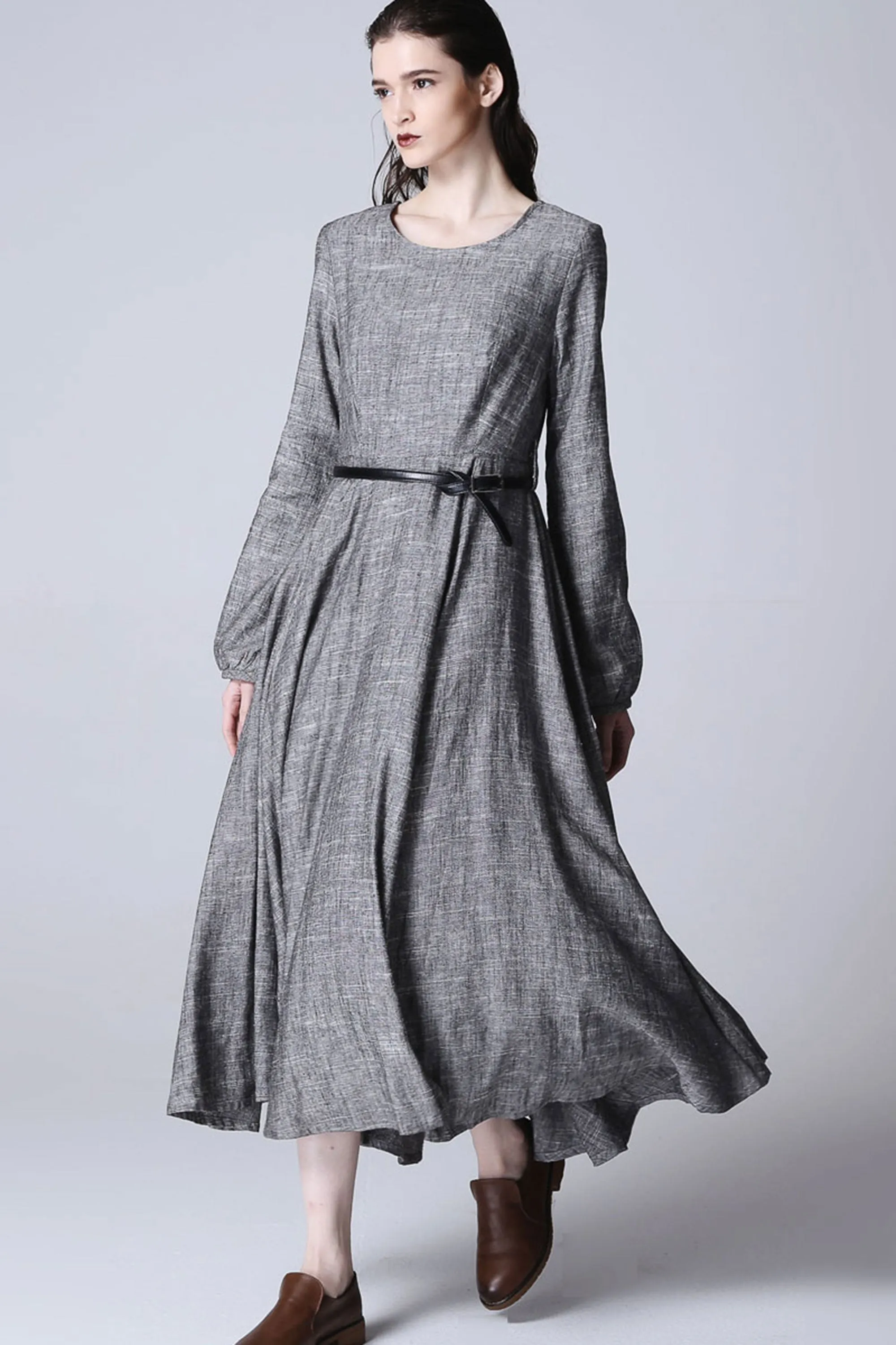 Maxi linen dress gray dress women long dress (1167)