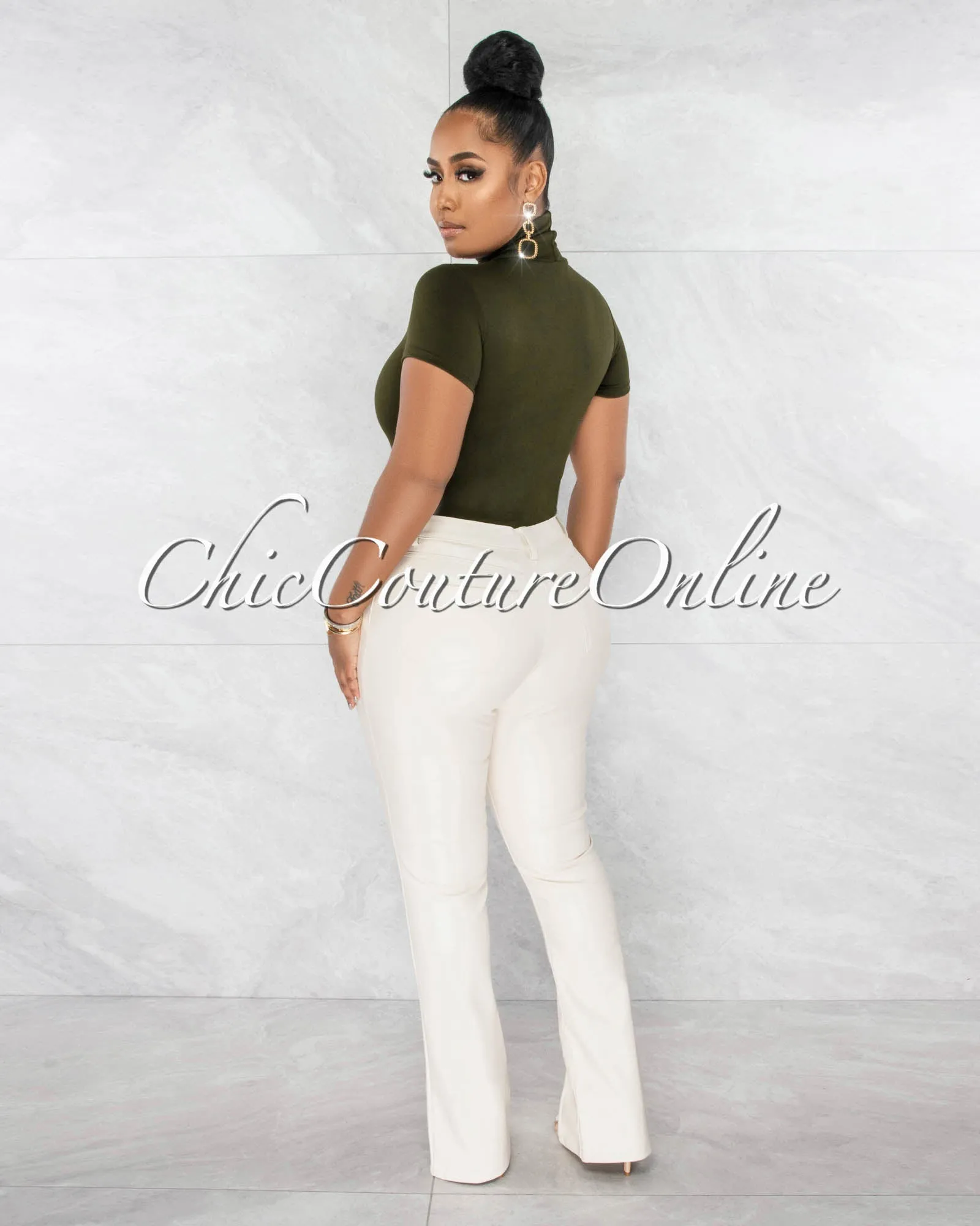 Merlyse Olive Green Mock Neckline Short Sleeves Bodysuit