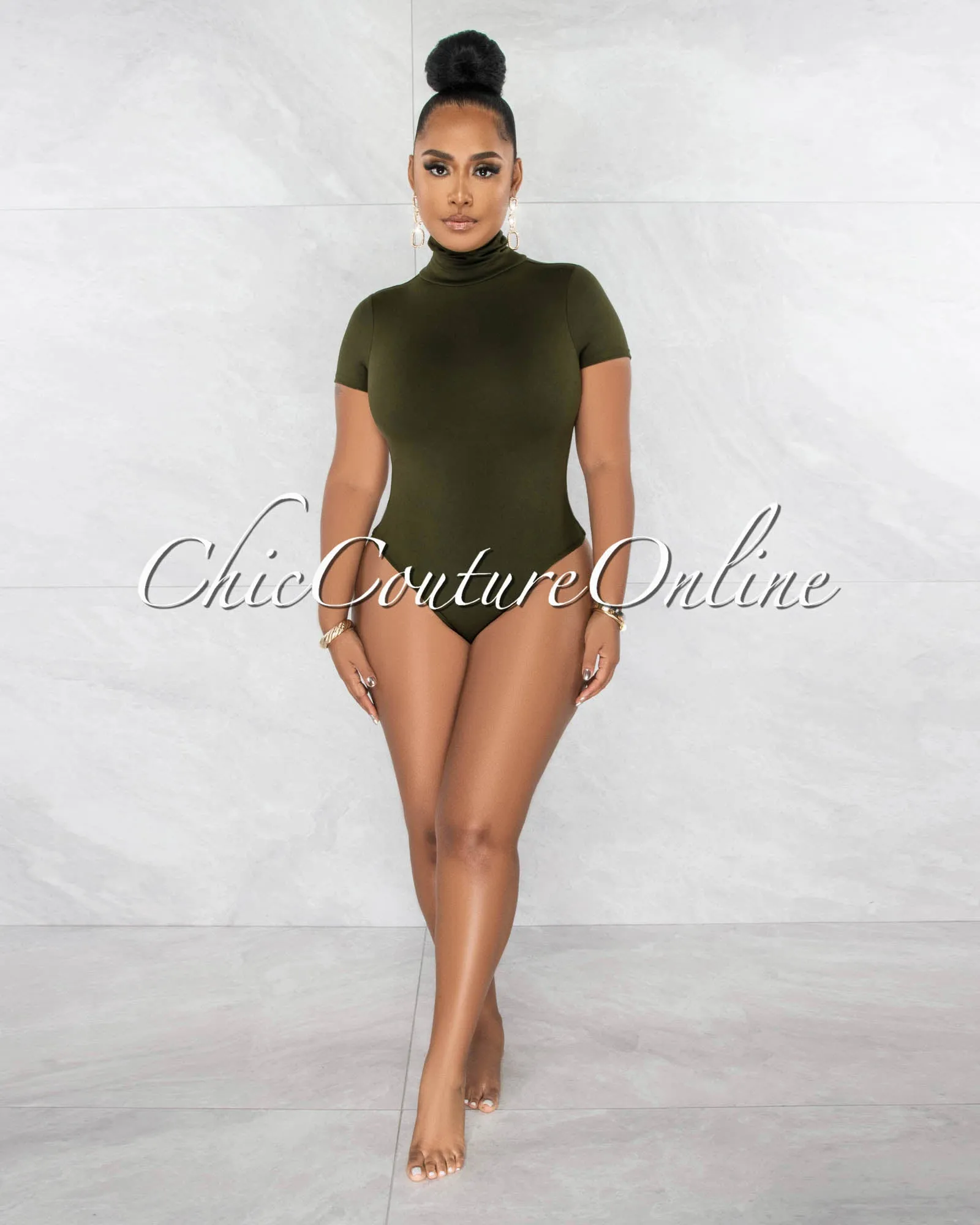 Merlyse Olive Green Mock Neckline Short Sleeves Bodysuit