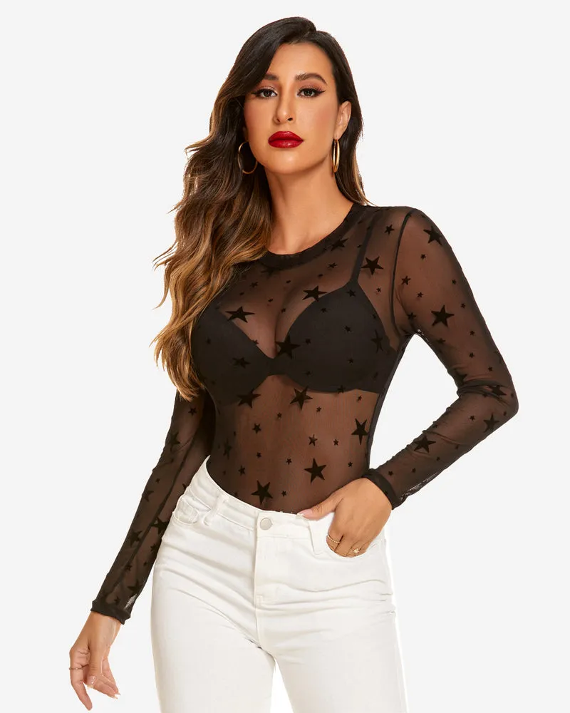 Mesh Sheer Leopard Long Sleeve Bodysuit