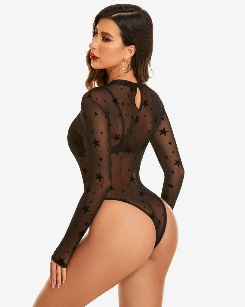 Mesh Sheer Leopard Long Sleeve Bodysuit