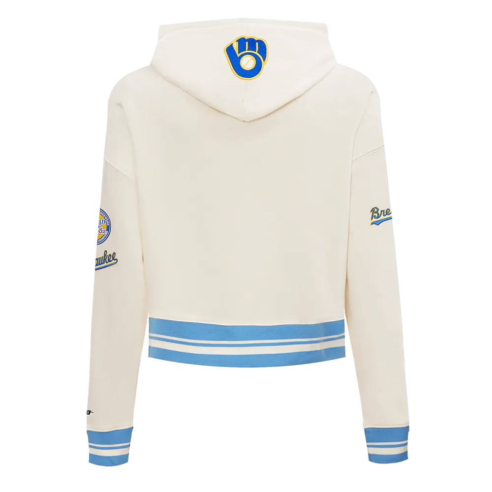 MLB MILWAUKEE BREWERS RETRO CLASSIC WOMEN'S RIB CROPPED PO HOODIE (EGGSHELL/ UNIVERSITY BLUE)