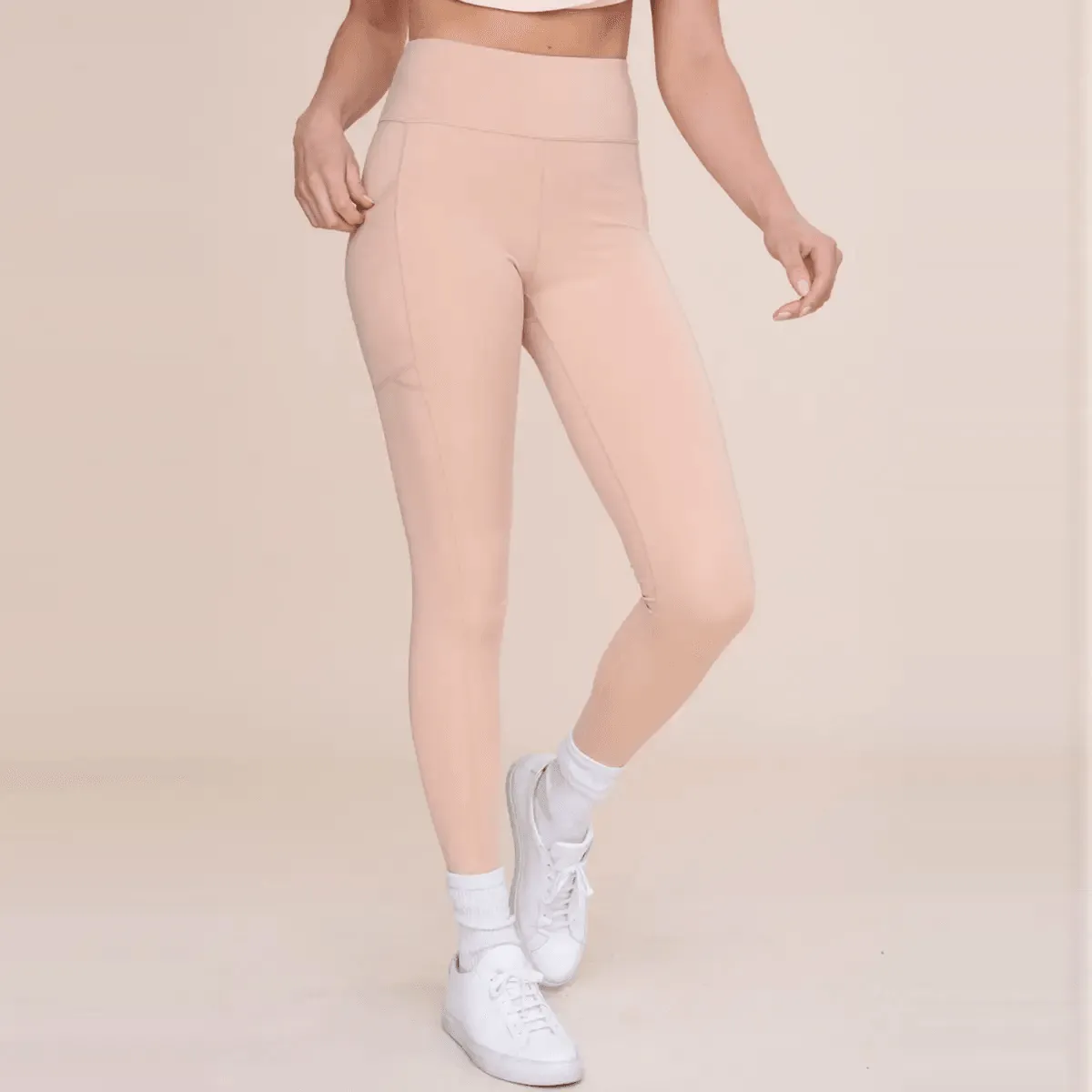 Mono B Green Overlay Mesh Pocket High-Waisted Legging - Light Camel