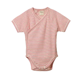 NATURE BABY - KIMONO SHORT SLEEVE BODYSUIT: RED PINSTRIPE