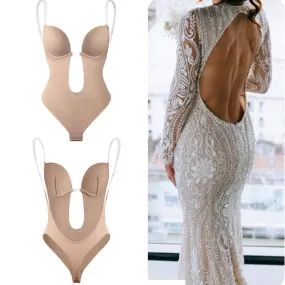 New Sexy Bodysuit Corset Bra Backless Shapewear Deep V-Neck Body Shaper U Plunge Thong Waist Trainer Clear Strap Padded Push Up