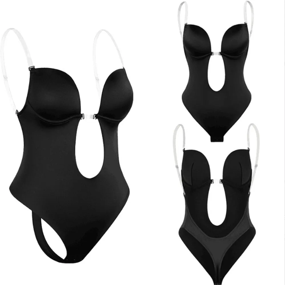 New Sexy Bodysuit Corset Bra Backless Shapewear Deep V-Neck Body Shaper U Plunge Thong Waist Trainer Clear Strap Padded Push Up