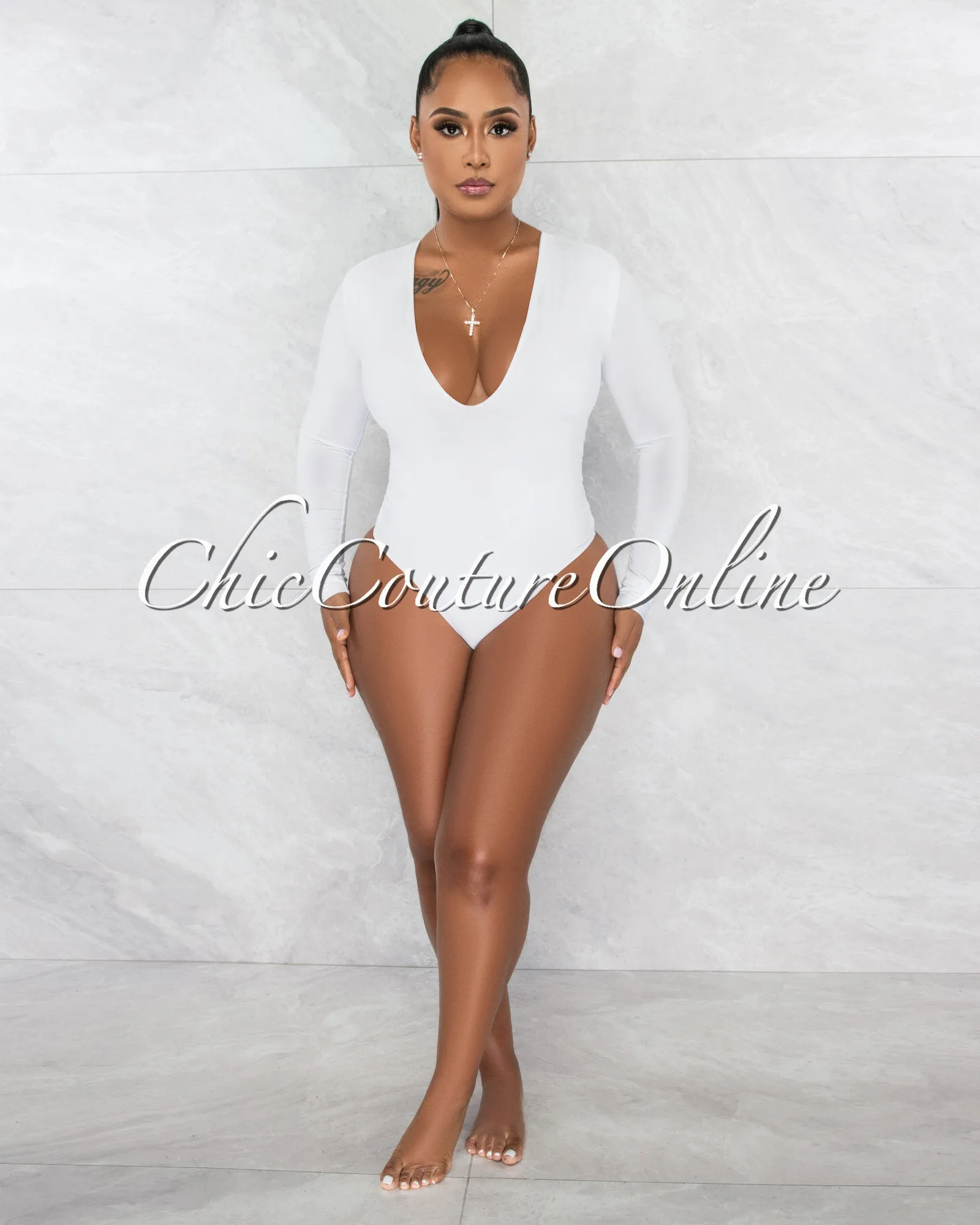 Nilam White Depp V Neck Long Sleeves Bodysuit