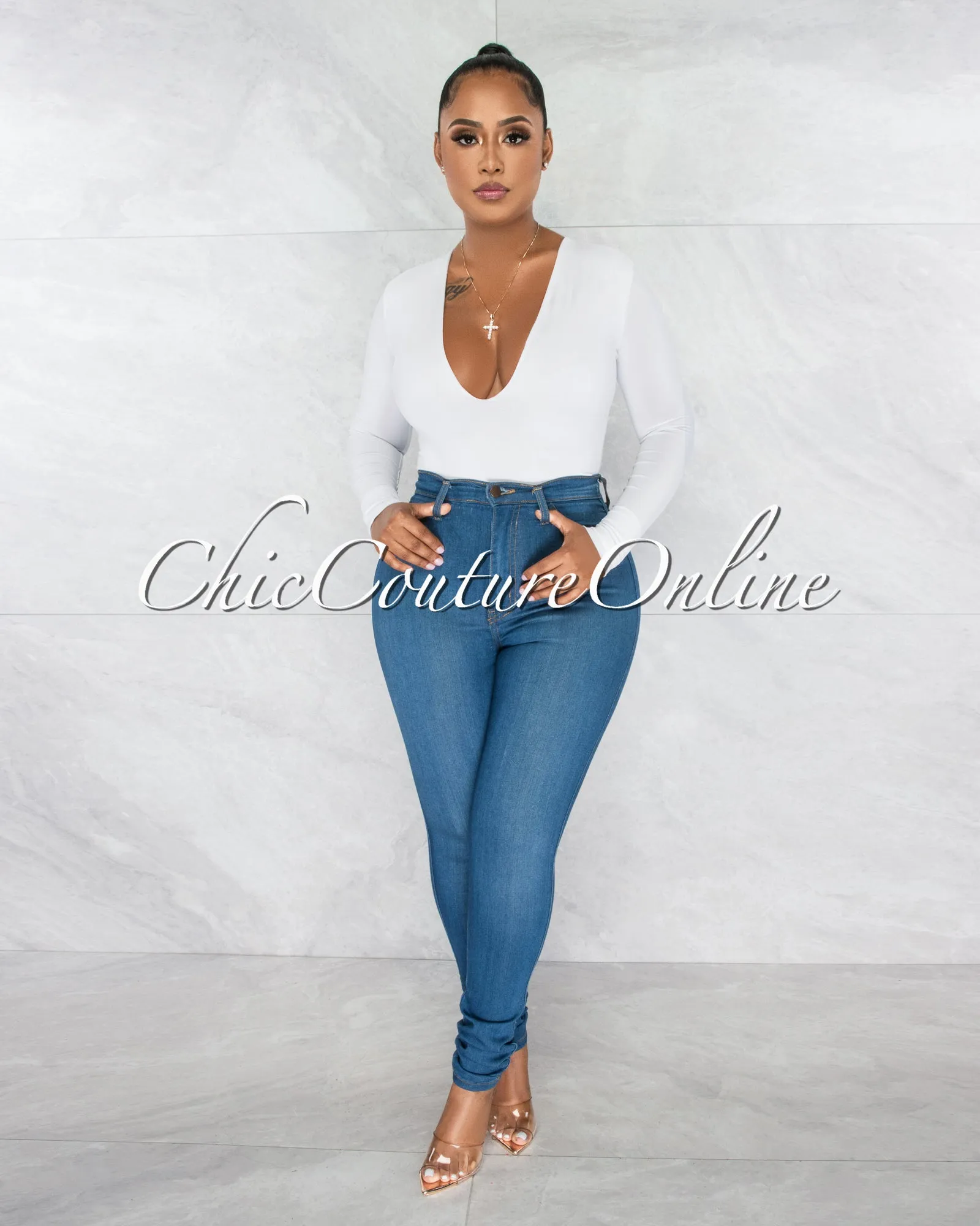 Nilam White Depp V Neck Long Sleeves Bodysuit