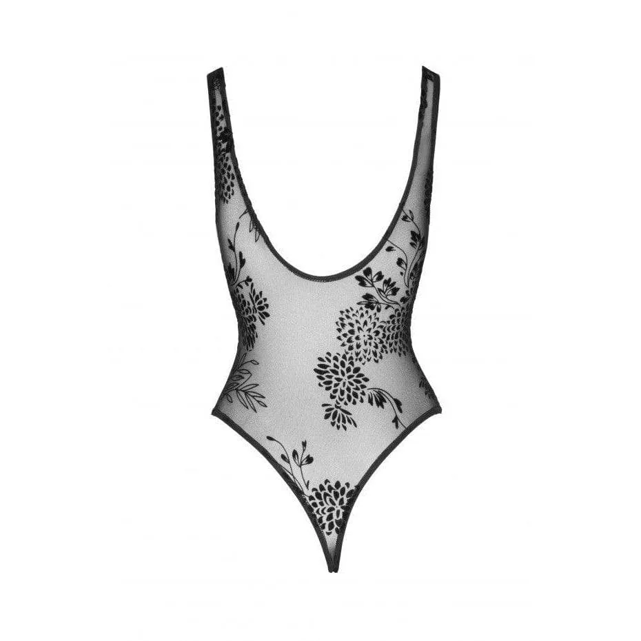 Noir Handmade Tulle Bodysuit With Patterned Flock Embroidery