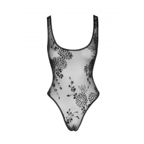 Noir Handmade Tulle Bodysuit With Patterned Flock Embroidery