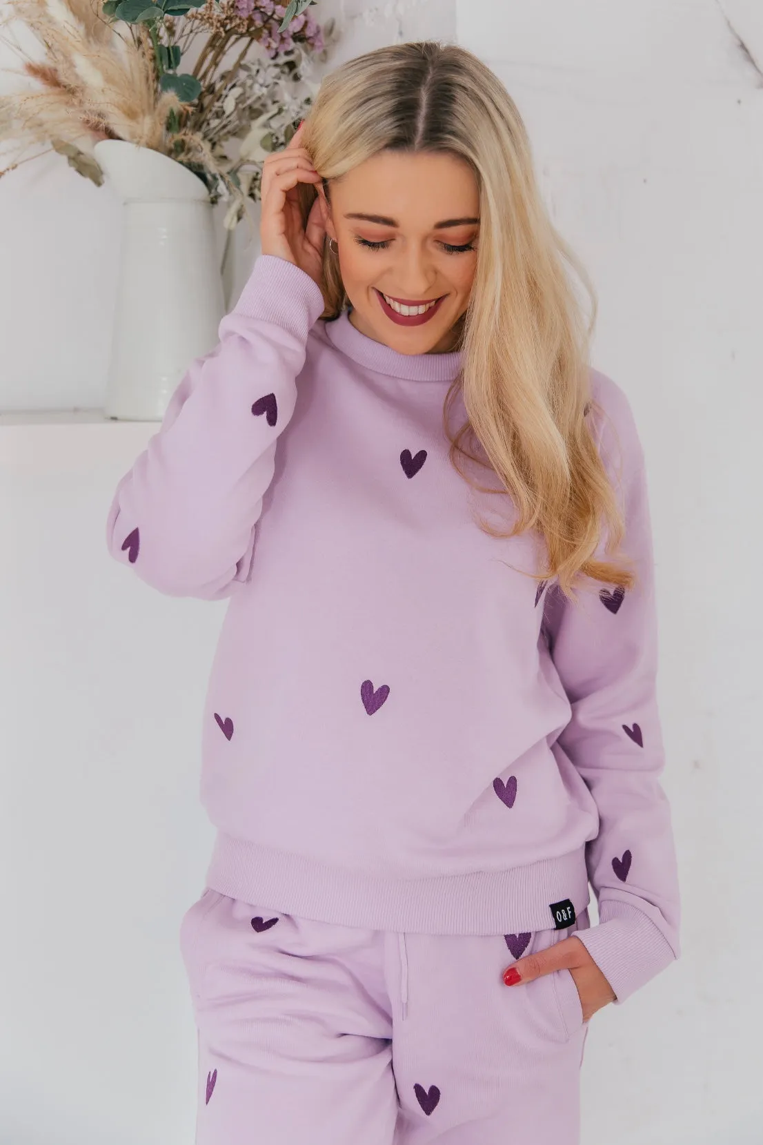 O&F Heart Embroidered Joggers - Lilac