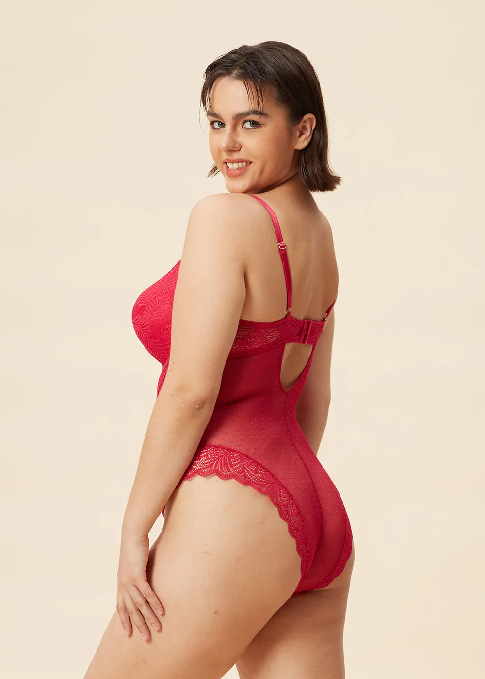 OLIVIA Plus Sexy Push-Up Mesh Berry Red Lace Bodysuit