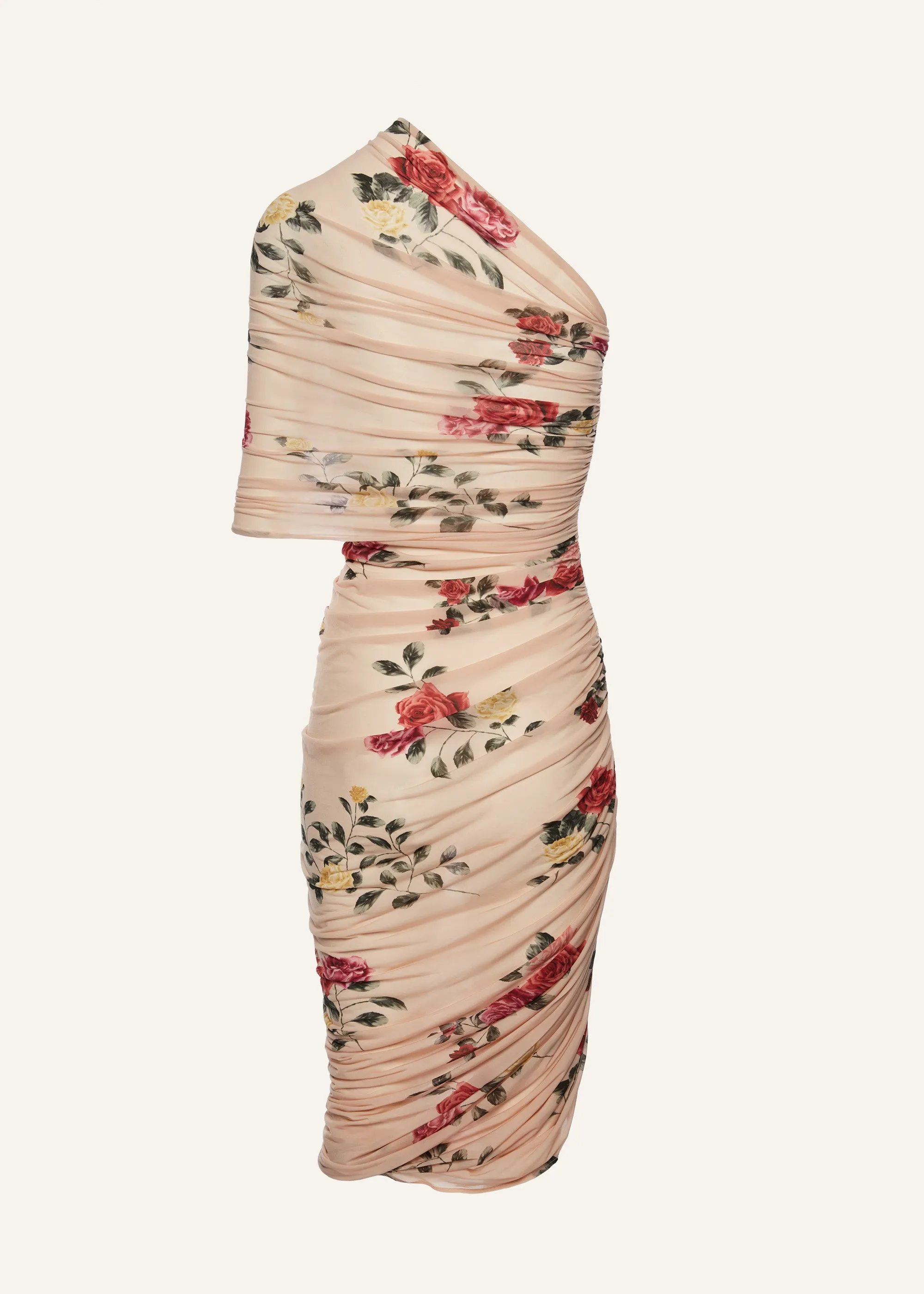 One shoulder draped midi dress in beige print