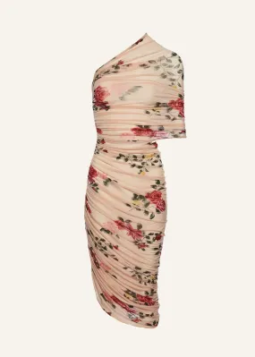 One shoulder draped midi dress in beige print