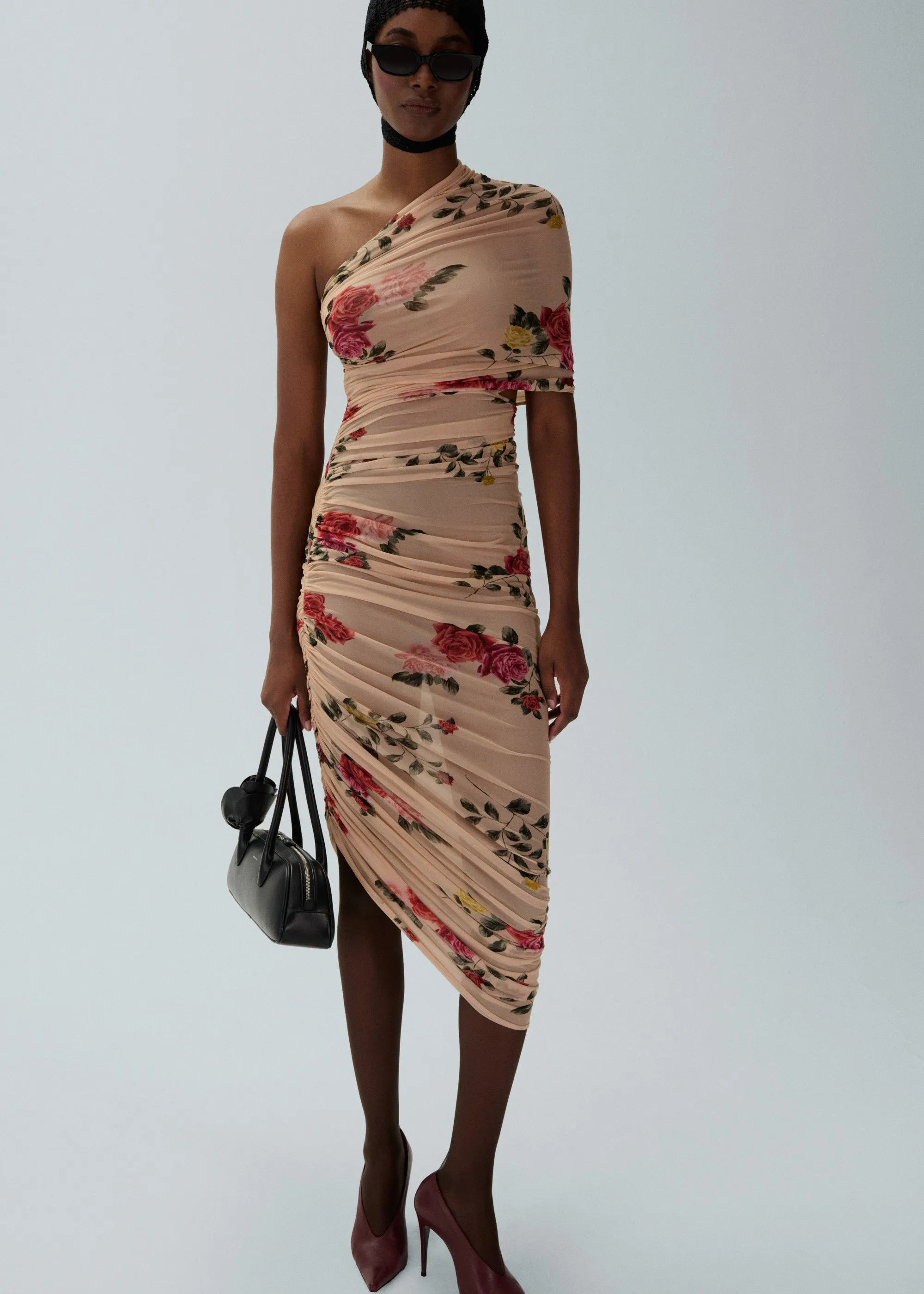 One shoulder draped midi dress in beige print