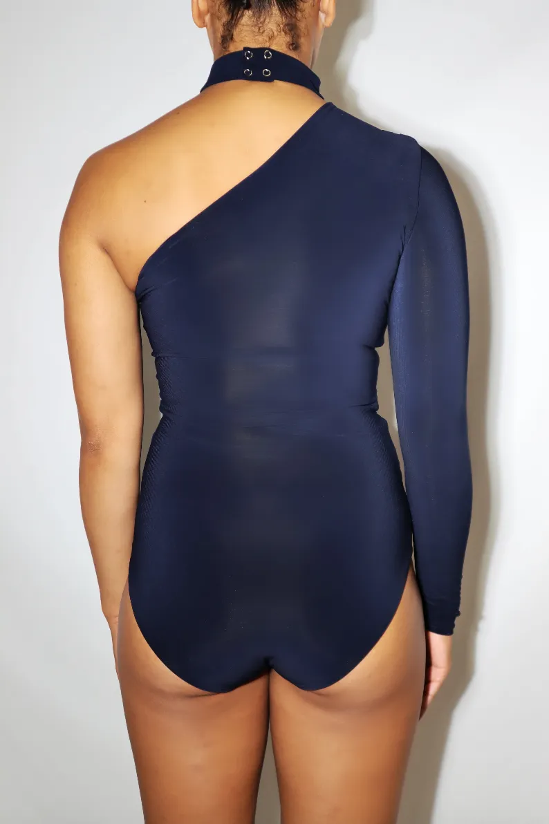 One Shoulder Long Sleeve Bodysuit - 'Amy ' - Navy Blue