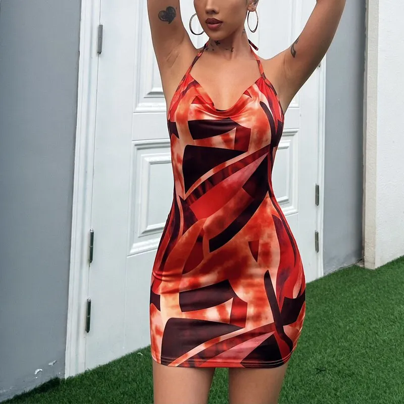 Orange Geometric Print Open Back Halter Dress