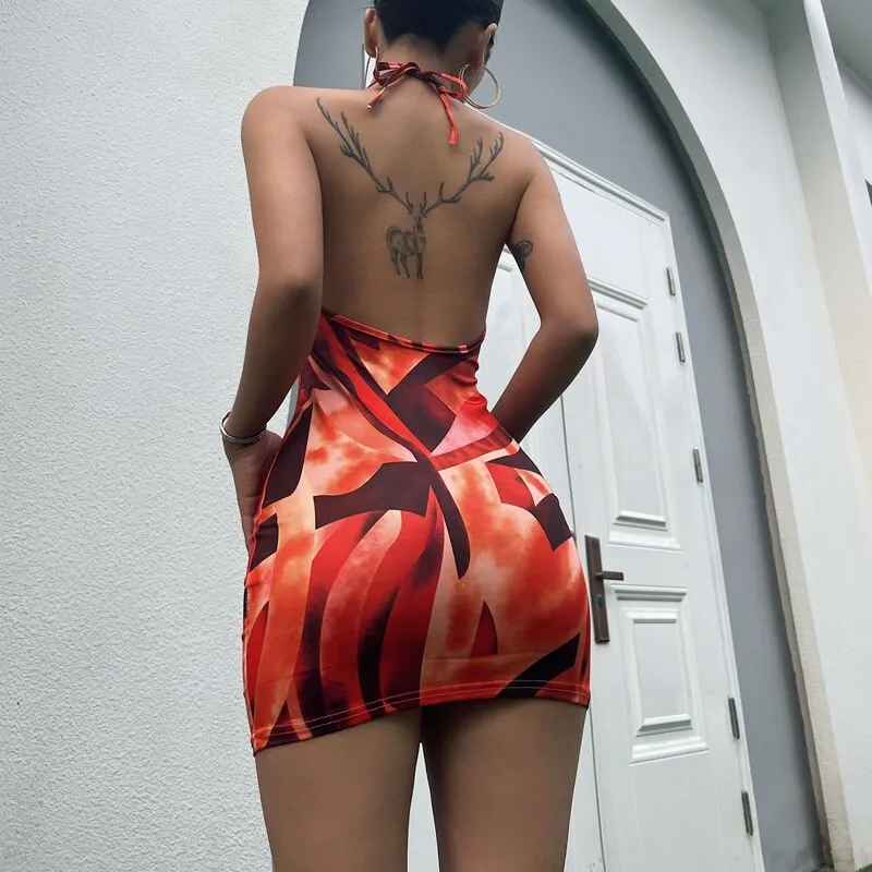 Orange Geometric Print Open Back Halter Dress