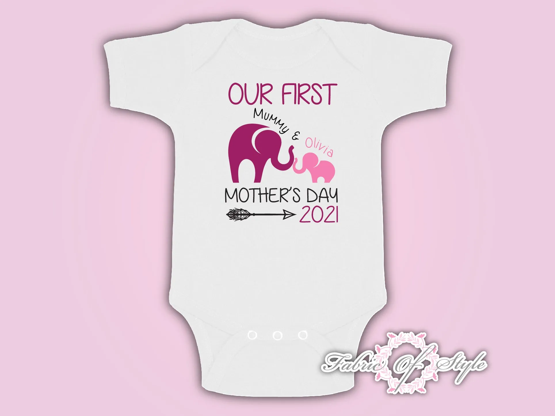 Personalised Elephant  Our First Mothers Day Baby Kids 2021 Body Suit Vest Girl