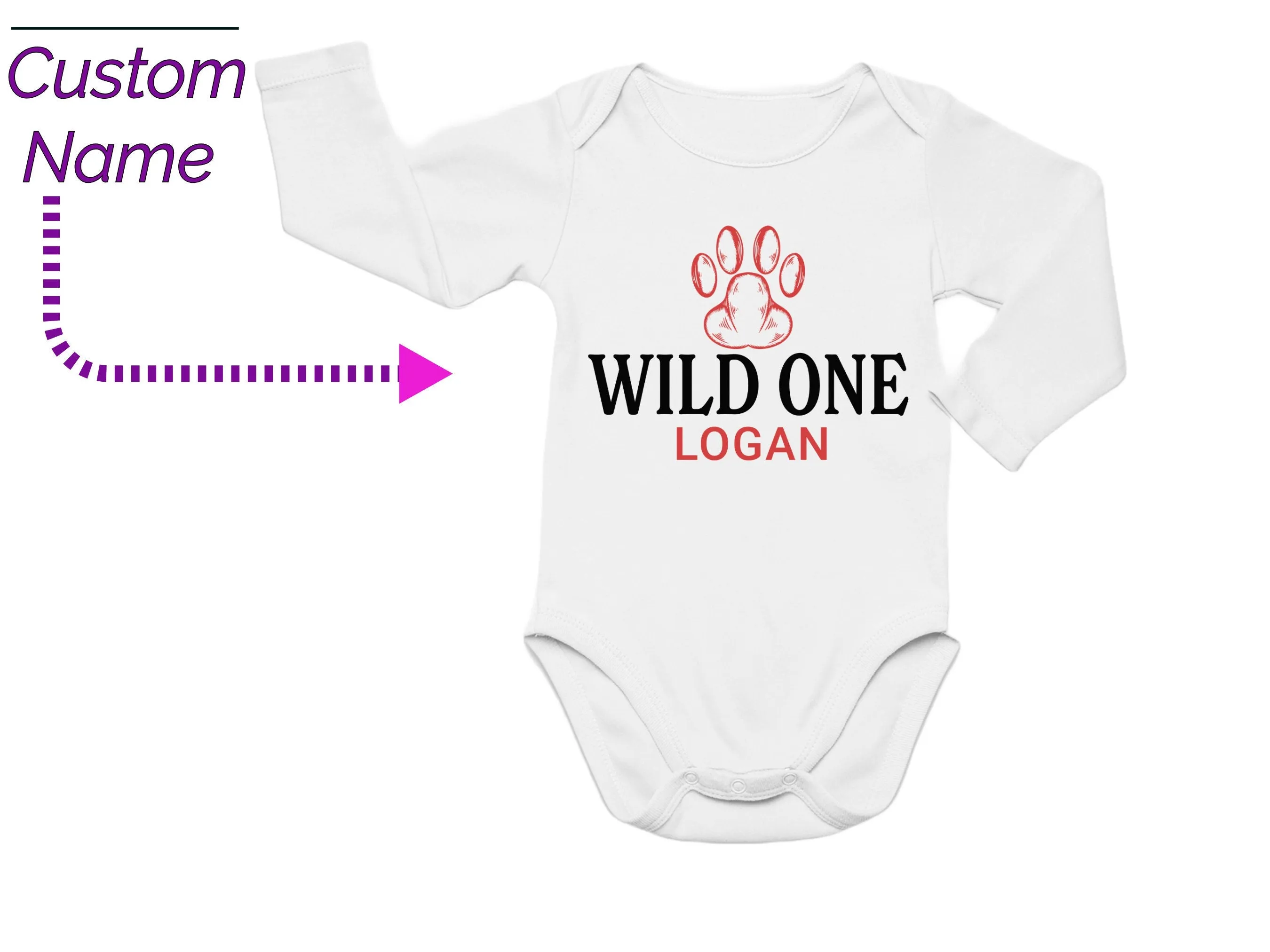 Personalized Name Long Sleeve Boys Bodysuit with Wild One Slogan