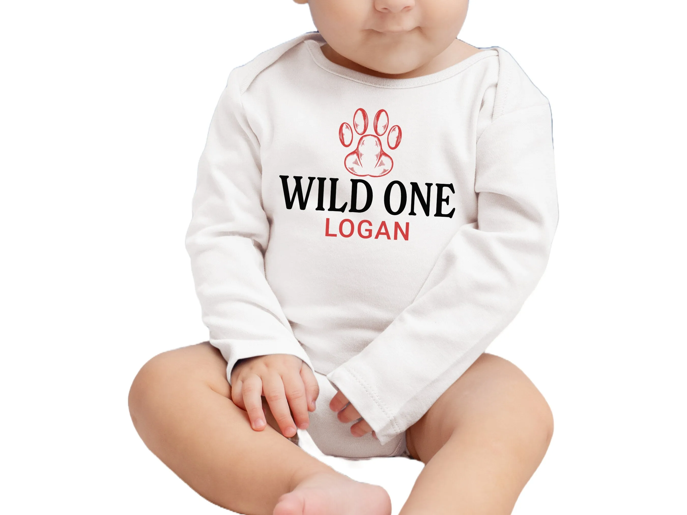 Personalized Name Long Sleeve Boys Bodysuit with Wild One Slogan