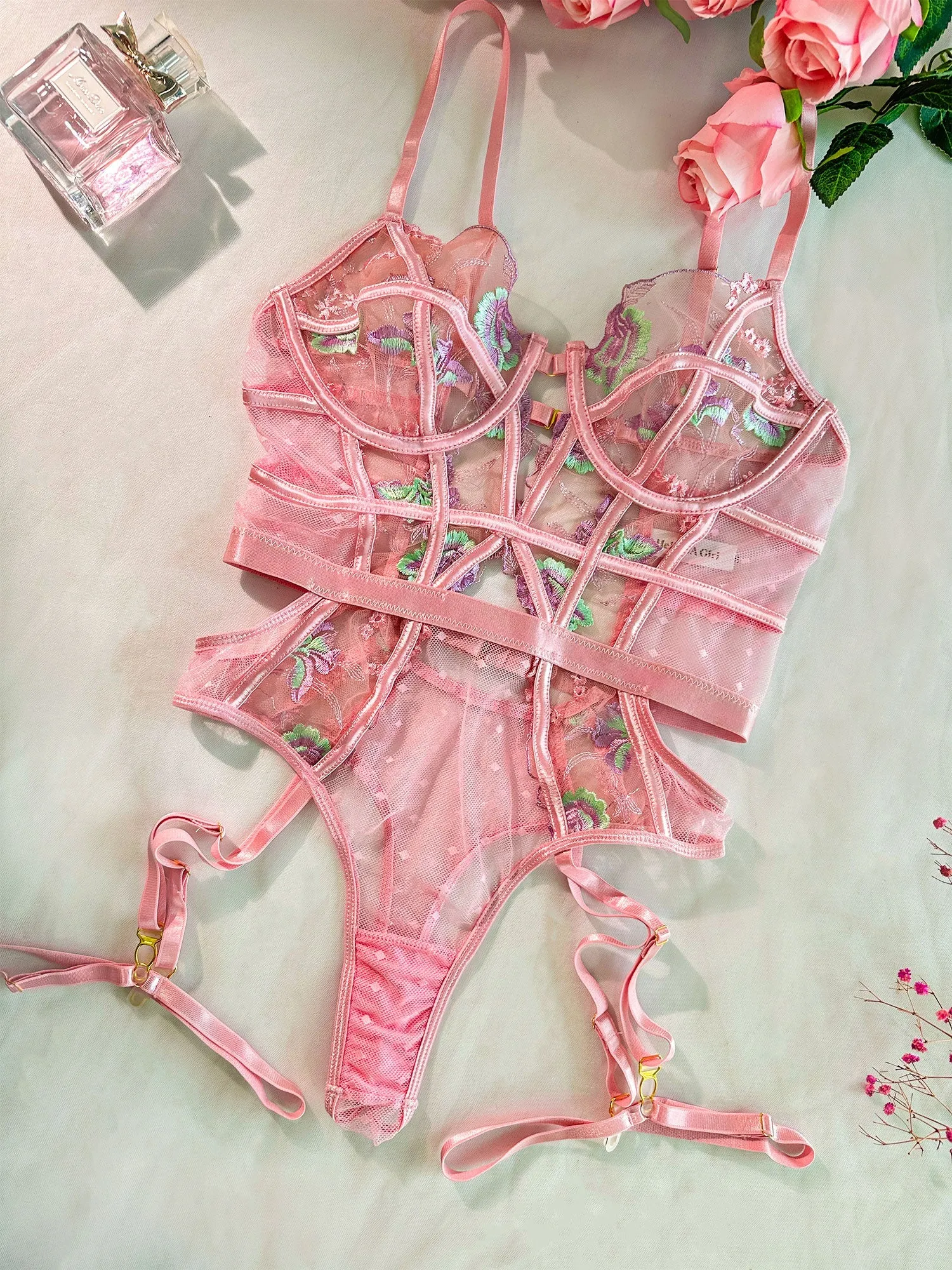 Pink Deluxe Floral Embroidered Bodysuit