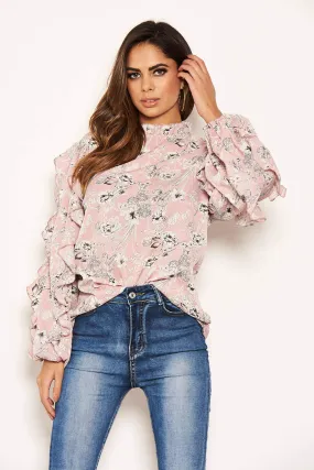 Pink Floral Print Frilled Sleeve High Neck Top