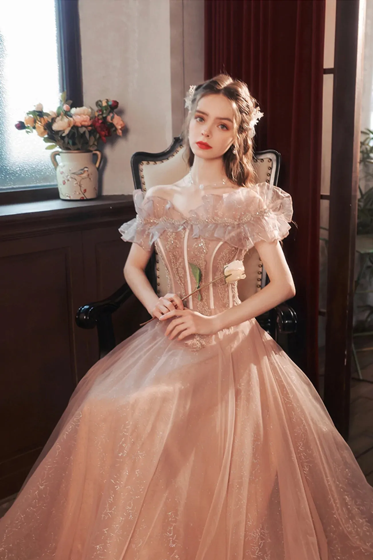 Pink Tulle Sequins Long Prom Dress, Off the Shoulder Party Dress