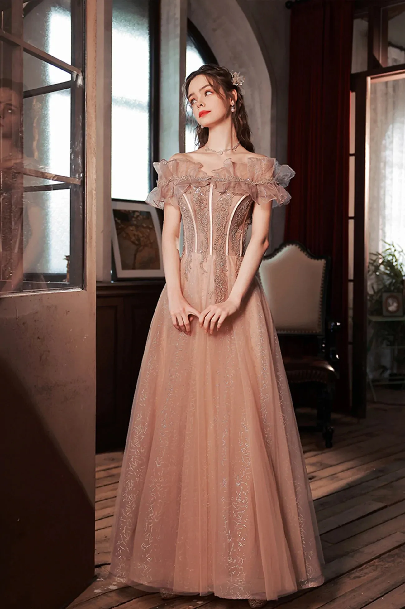 Pink Tulle Sequins Long Prom Dress, Off the Shoulder Party Dress