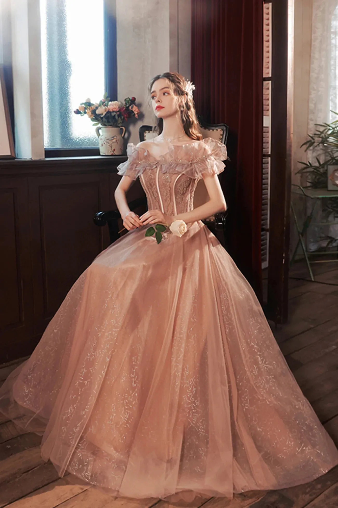 Pink Tulle Sequins Long Prom Dress, Off the Shoulder Party Dress