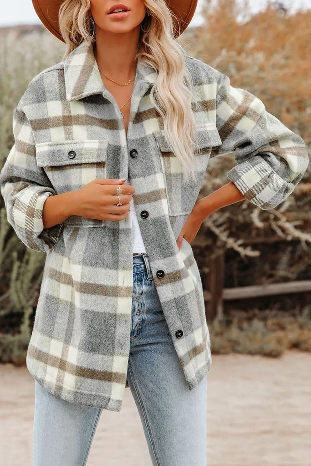 Plaid Print Pocket Women Shacket